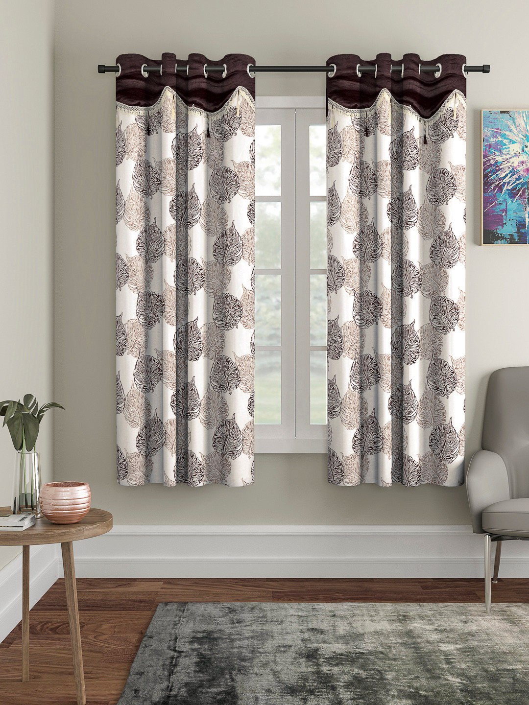Cortina Brown & White Set of 2 Fancy Valance Leaf Printed Window Curtains