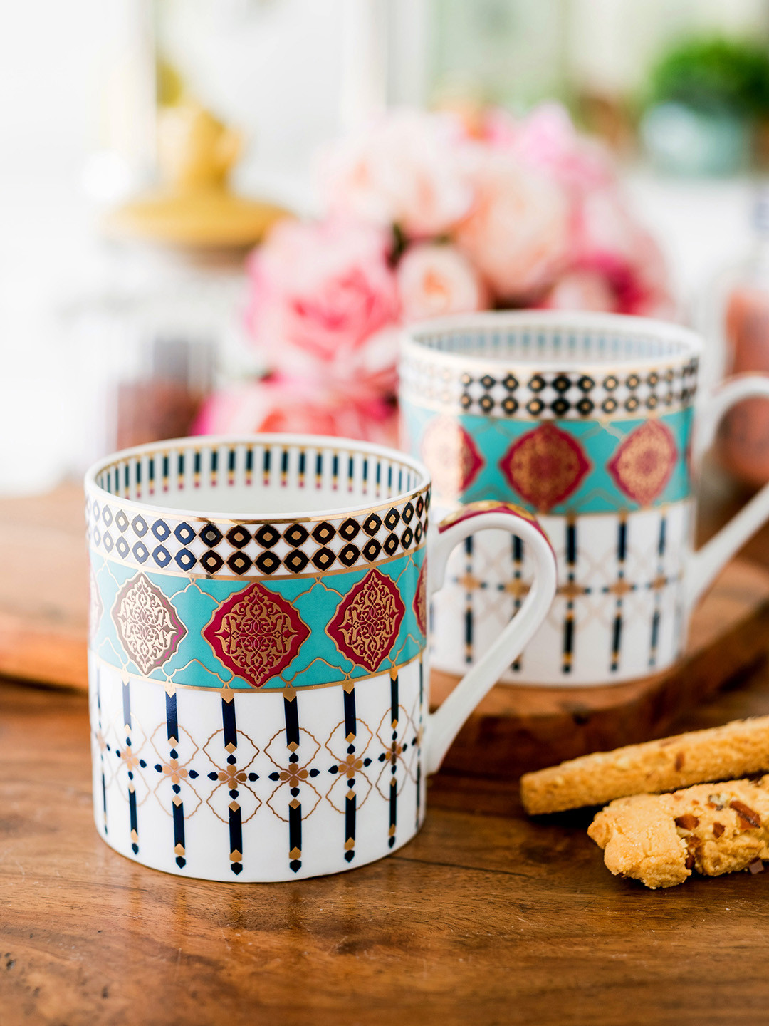 GOODHOMES White Ethnic Motifs Bone China Microwave Safe 2 Piece Mugs-350ml