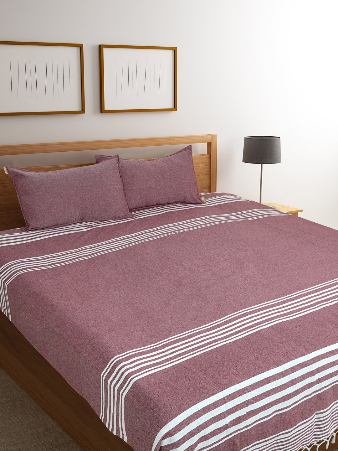Saral Home Maroon Striped 500TC Bed Covers with Two Pillow Covers