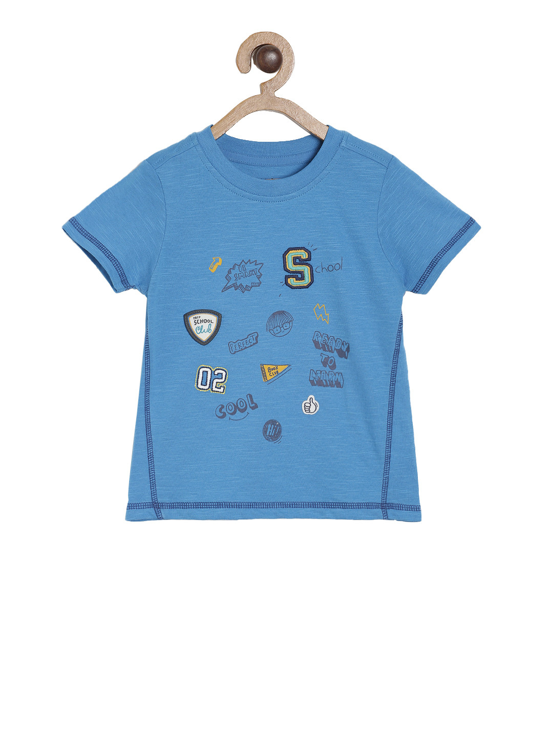 MINI KLUB Boys Blue Printed Round Neck Pure Cotton T-shirt