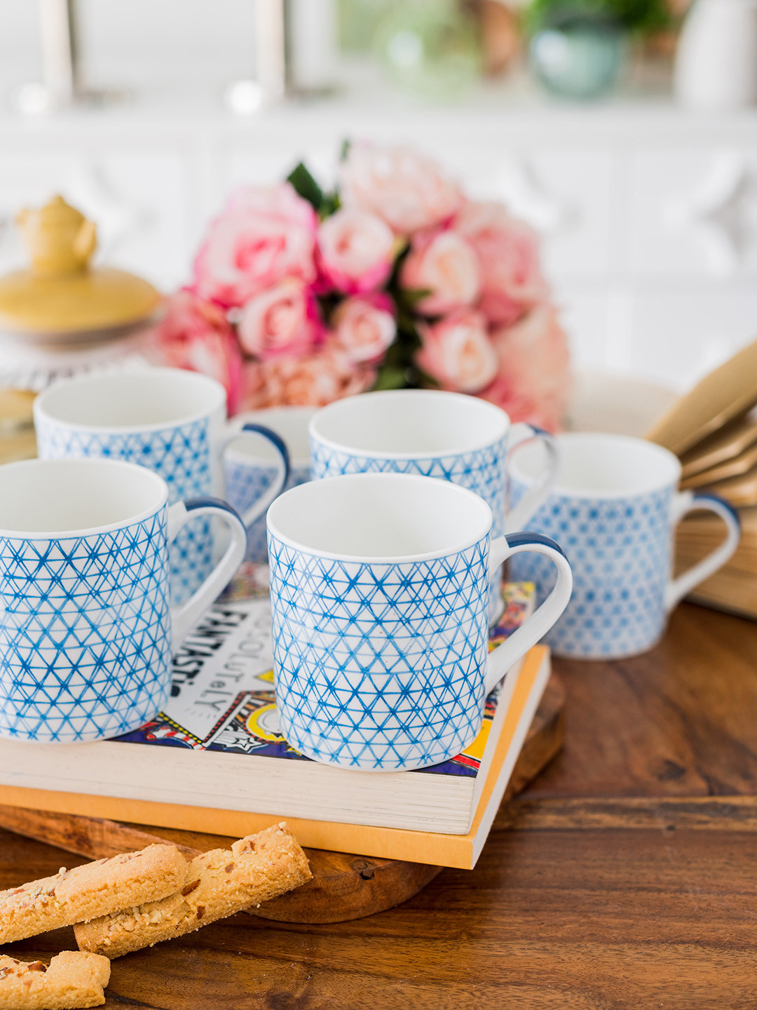 GOODHOMES Sawrn Exclusive Blue Checkered Bone China Handmade 6 Piece Mugs-220ml