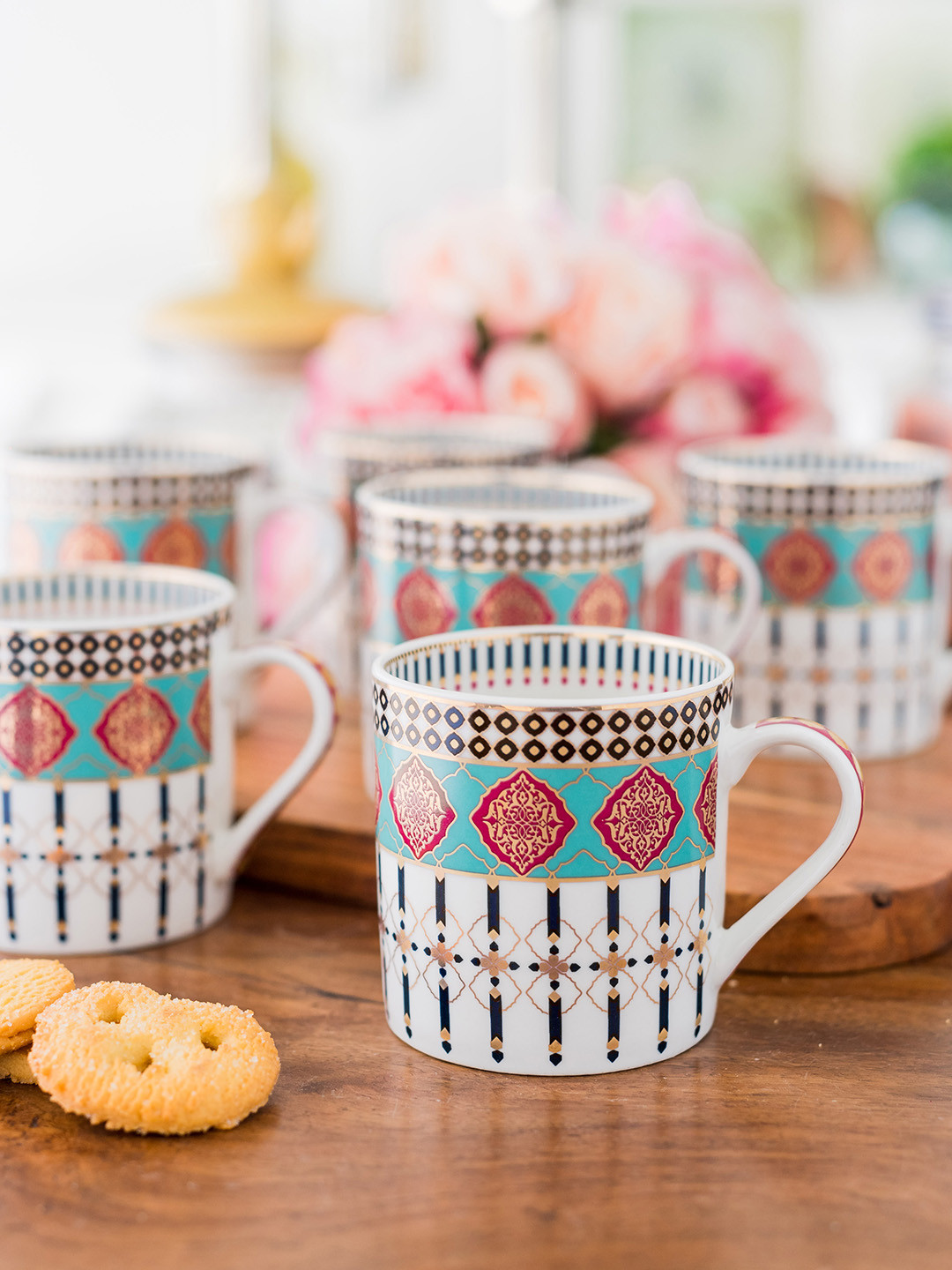 GOODHOMES Iravat White Ethnic Motifs Bone China Microwave Safe 6 Piece Mugs-220ml