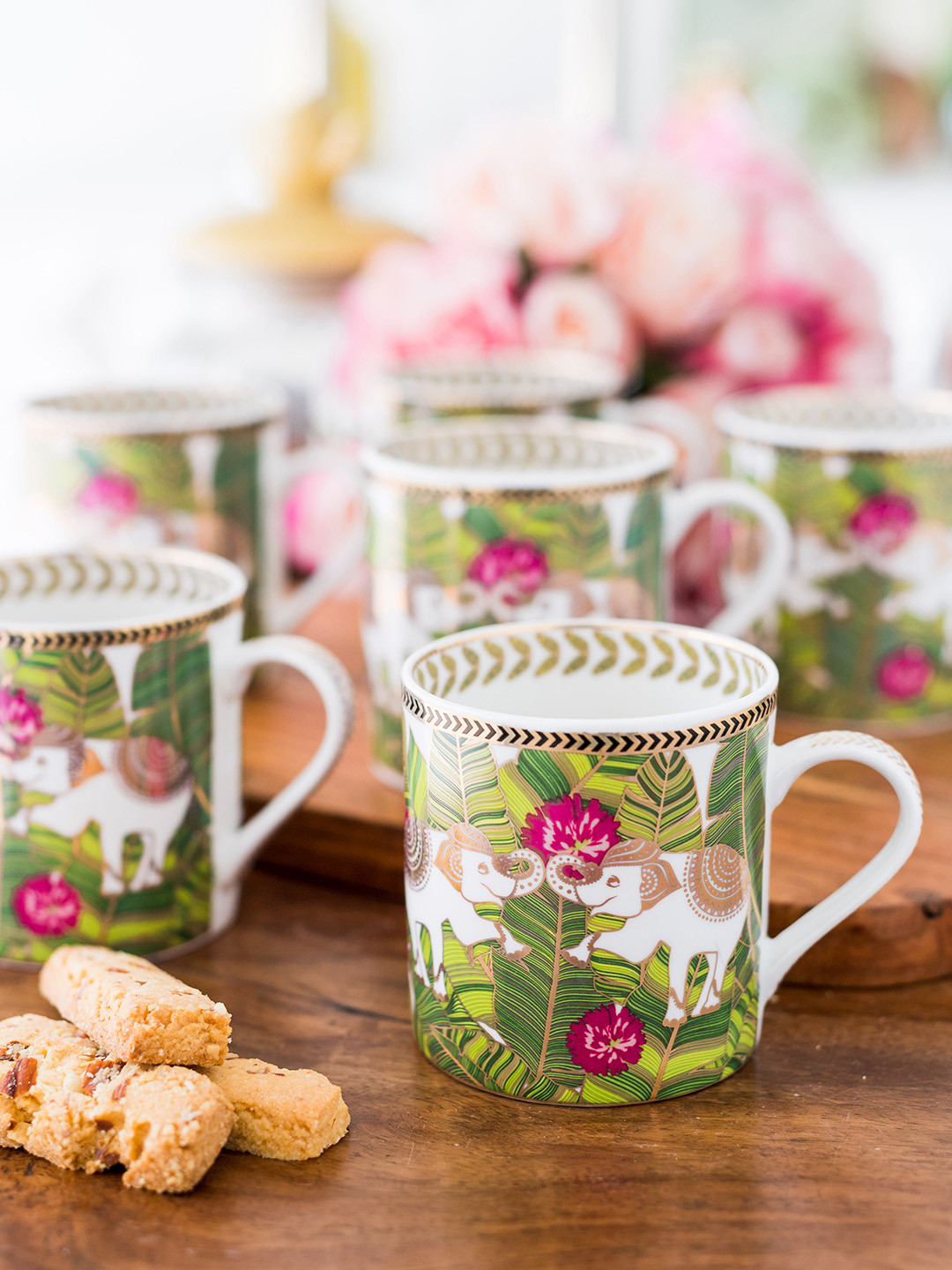 GOODHOMES Green & White Set of 6 Printed Bone China Cup Set