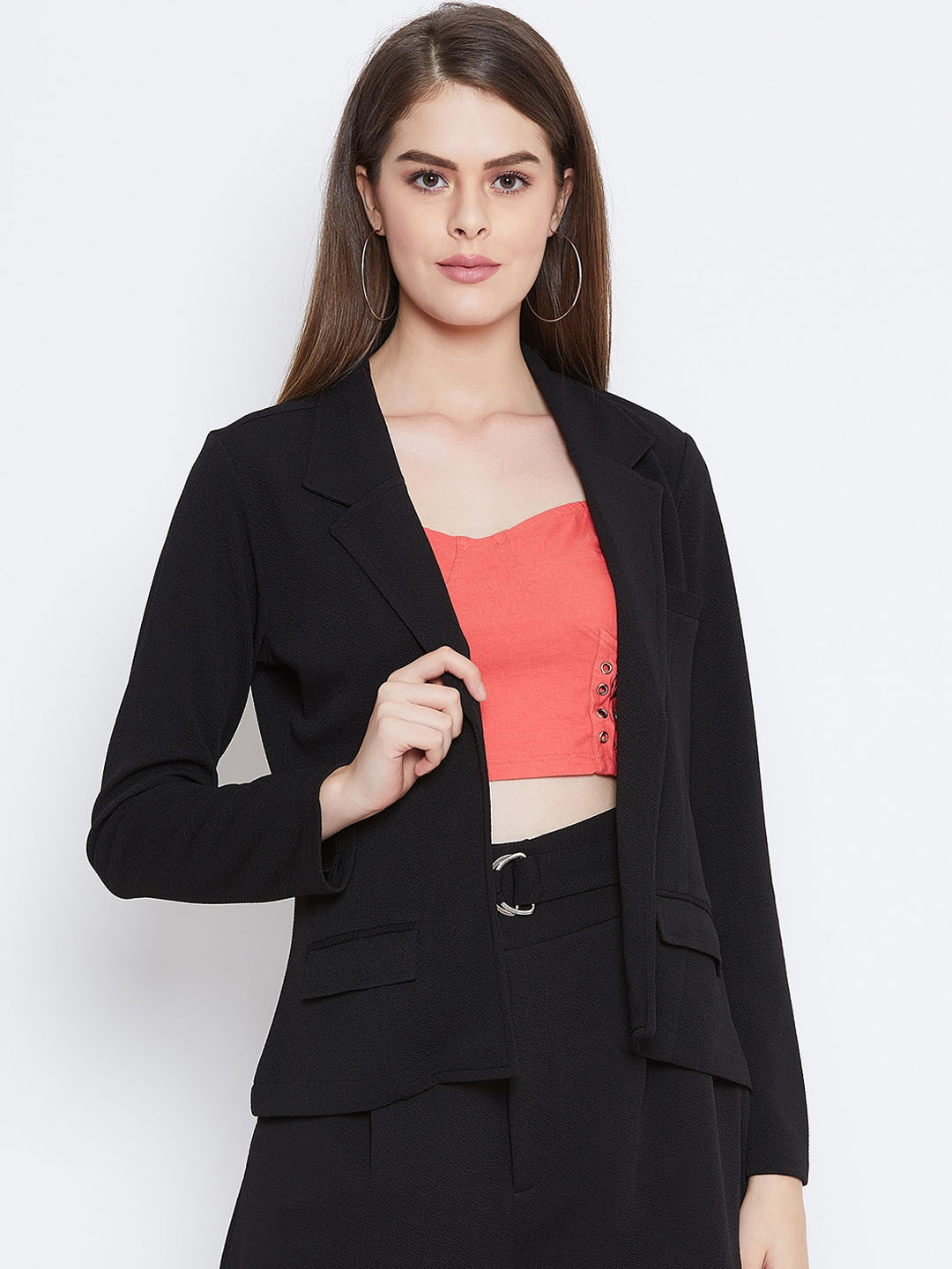 Zastraa Women Black  Self Design Hip-Length Coat