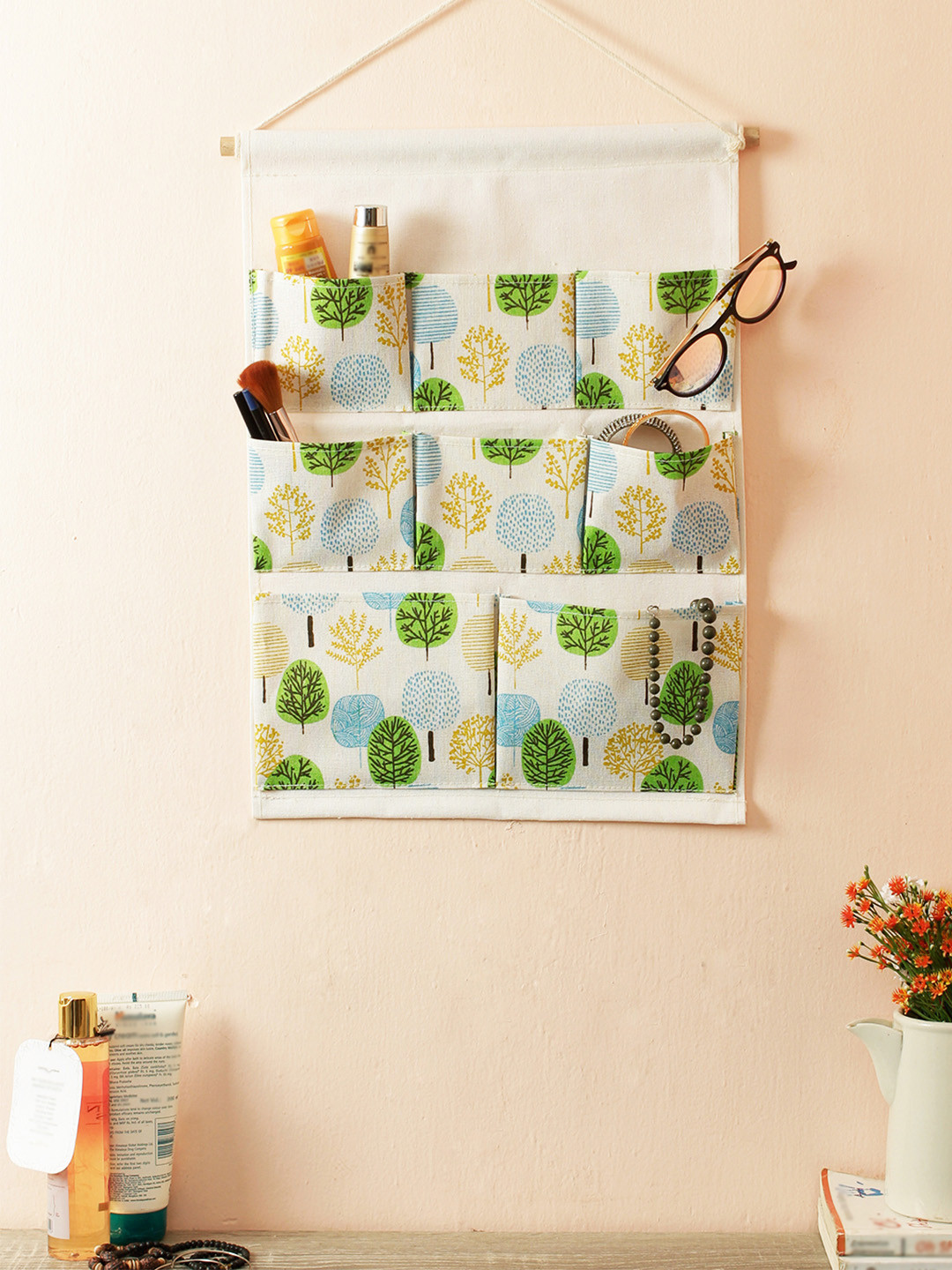 Cortina Unisex Off-White & Green Printed Handbag Organiser