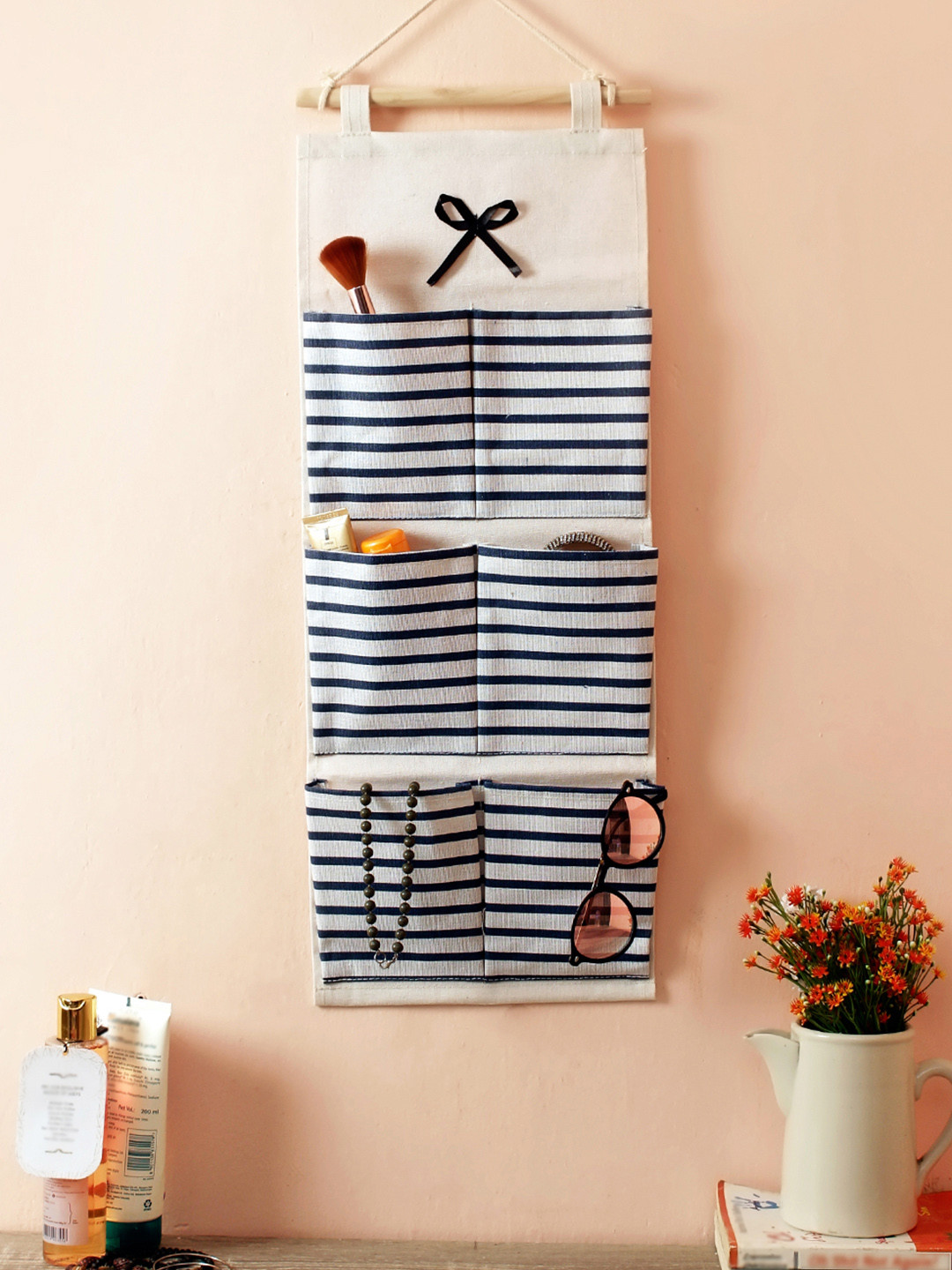 Cortina Unisex Off White & Blue Striped Handbag Organiser