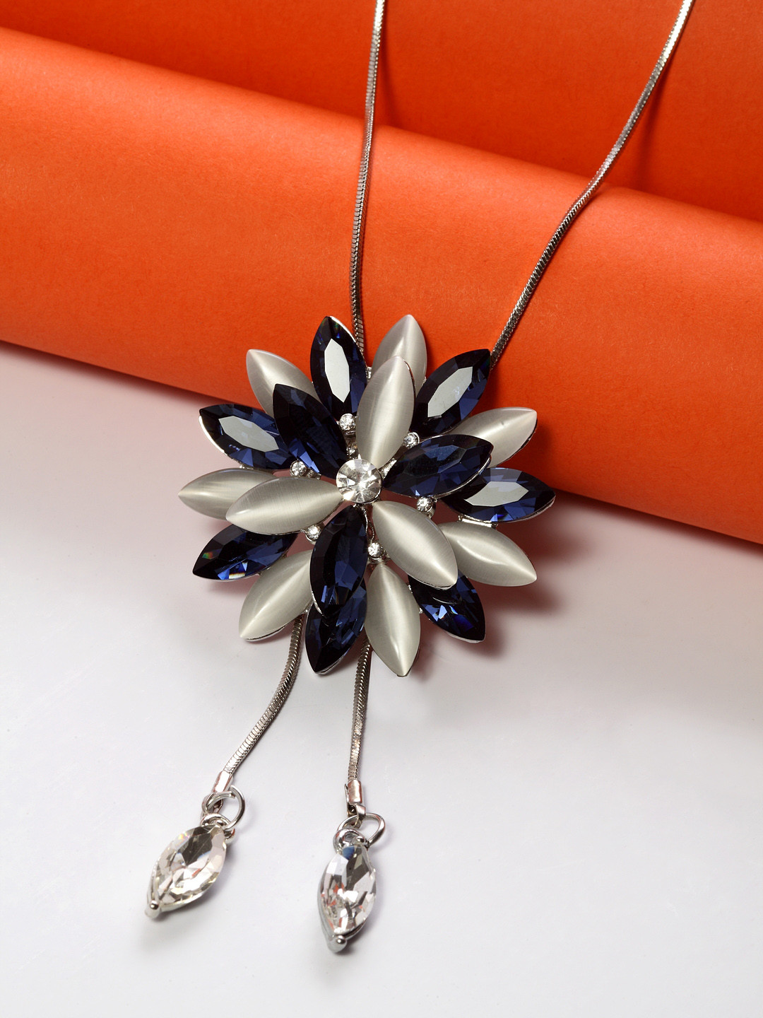 Shining Diva Fashion Women Silver-Plated Blue Crystal Floral Necklace