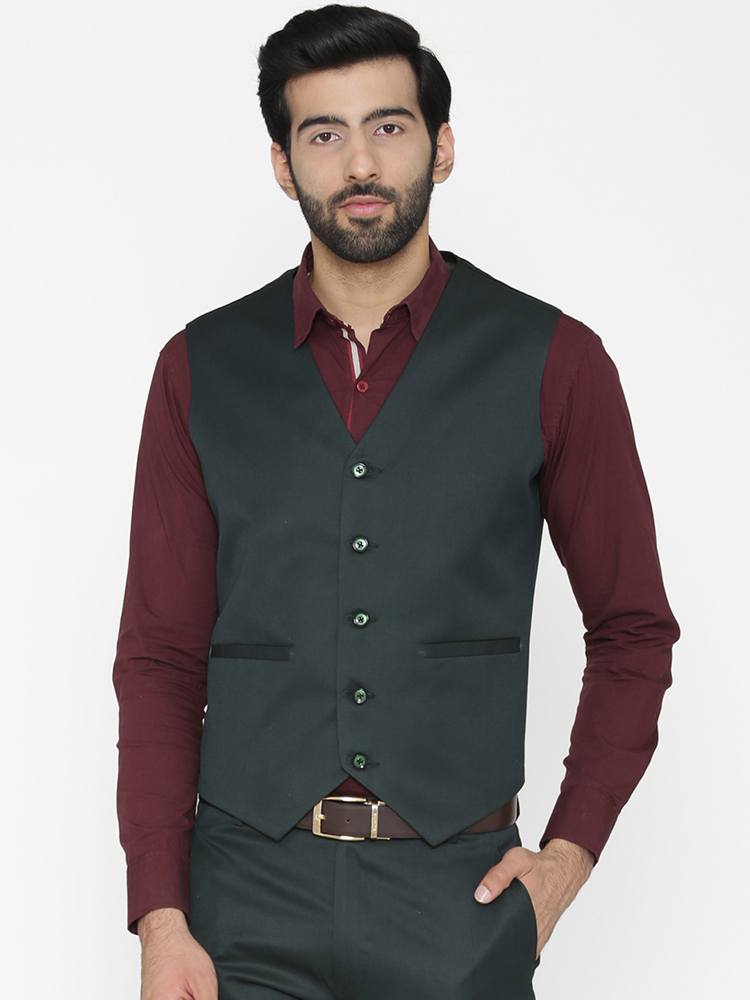 Wintage Men Green Solid Waistcoat