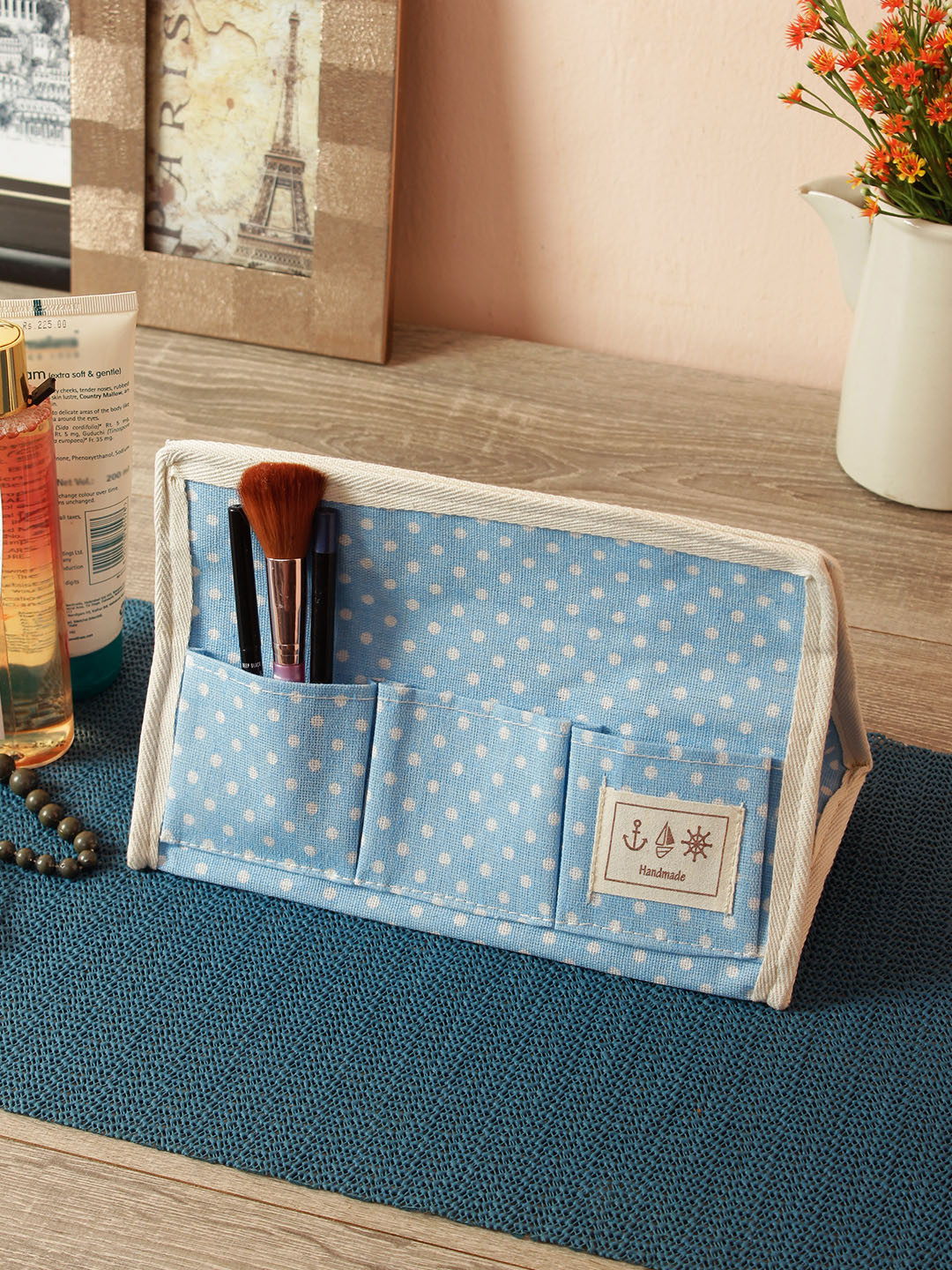 Cortina Unisex Blue & Off White Printed Make Up Organiser