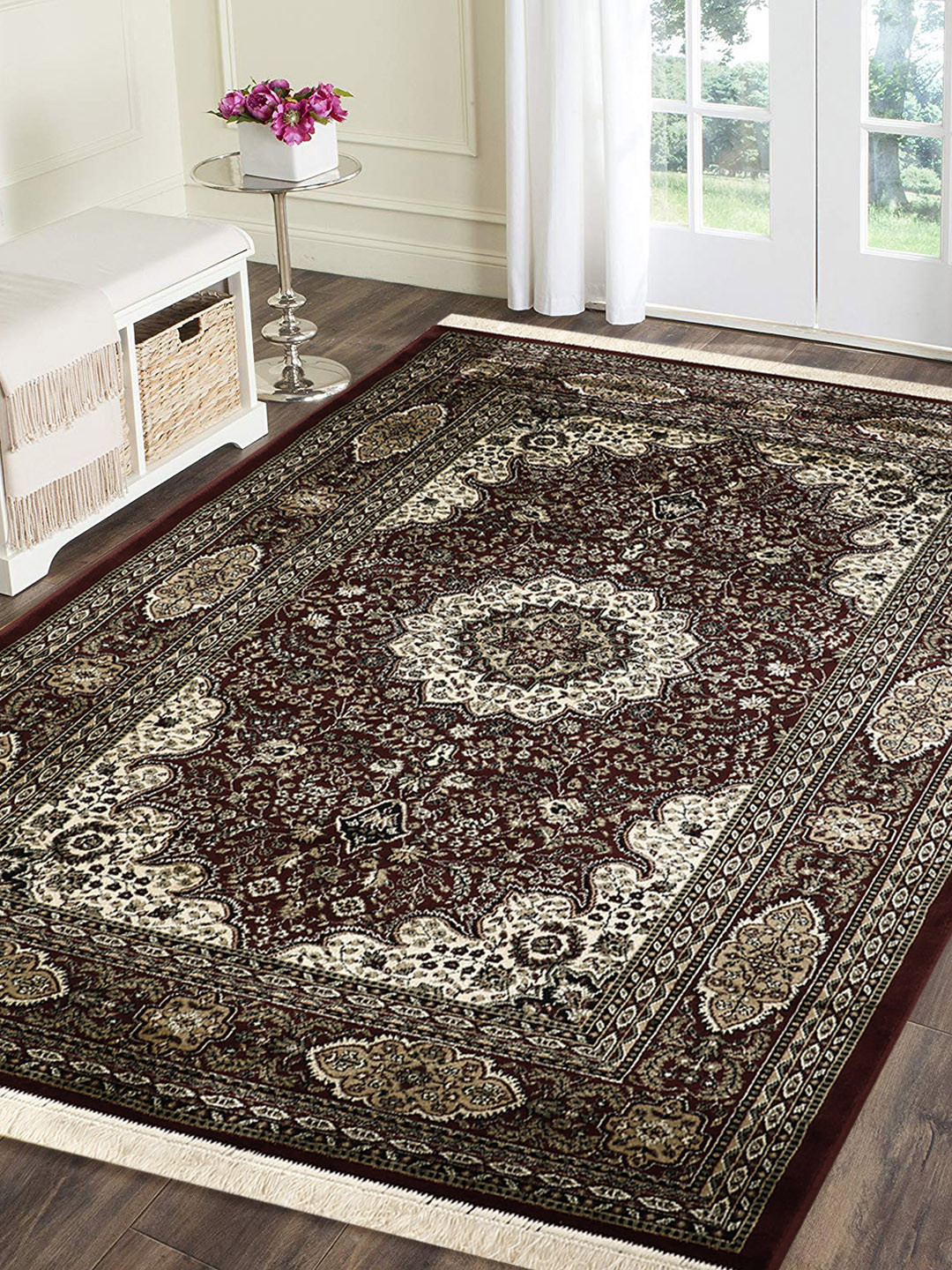 PRESTO Red & Beige Printed Persian Hand-Made Anti-Skid Carpet