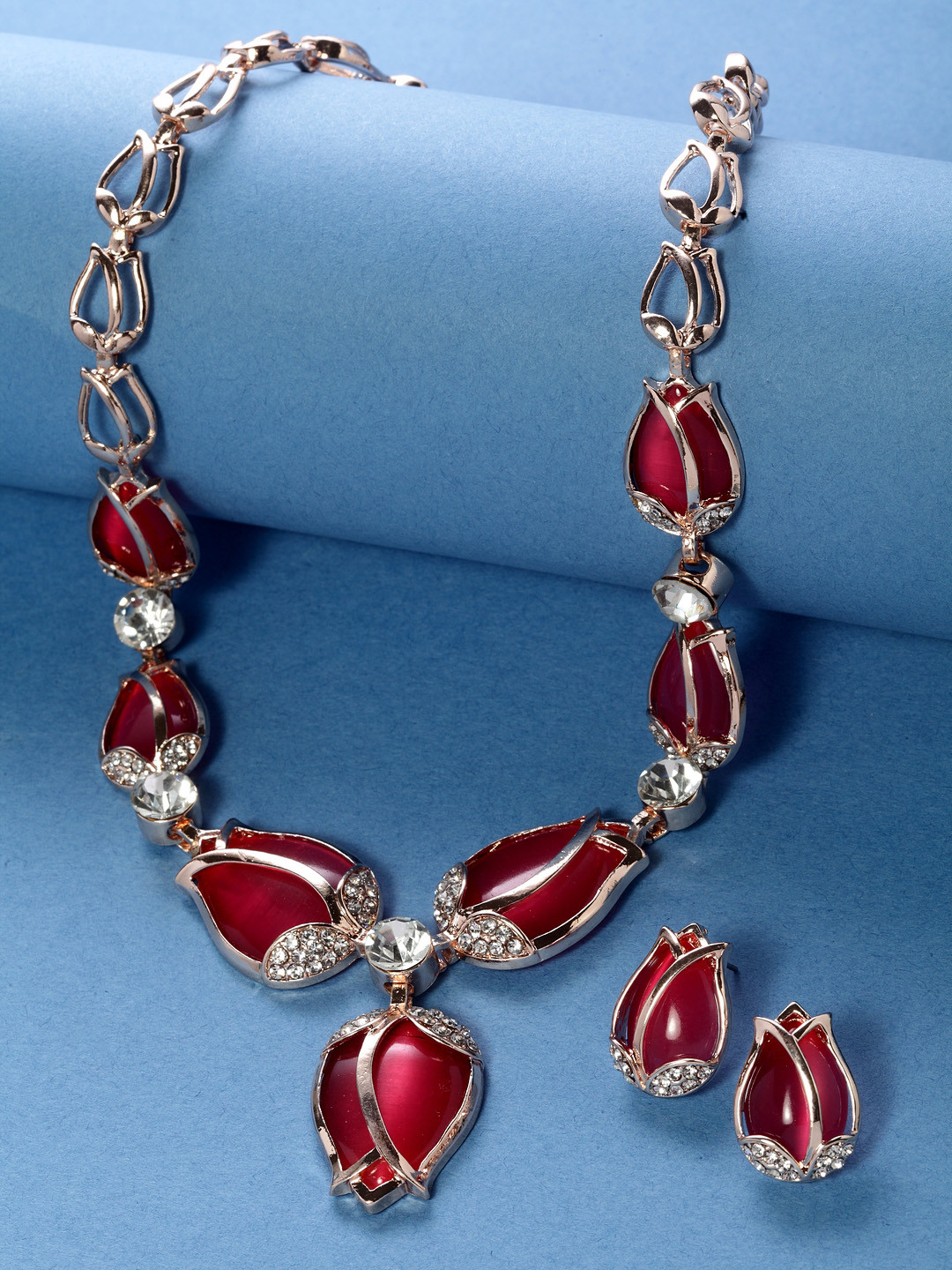 Shining Diva Fashion Women Gold-Plated Pink Crystal Rose Shaped Jewellery Set