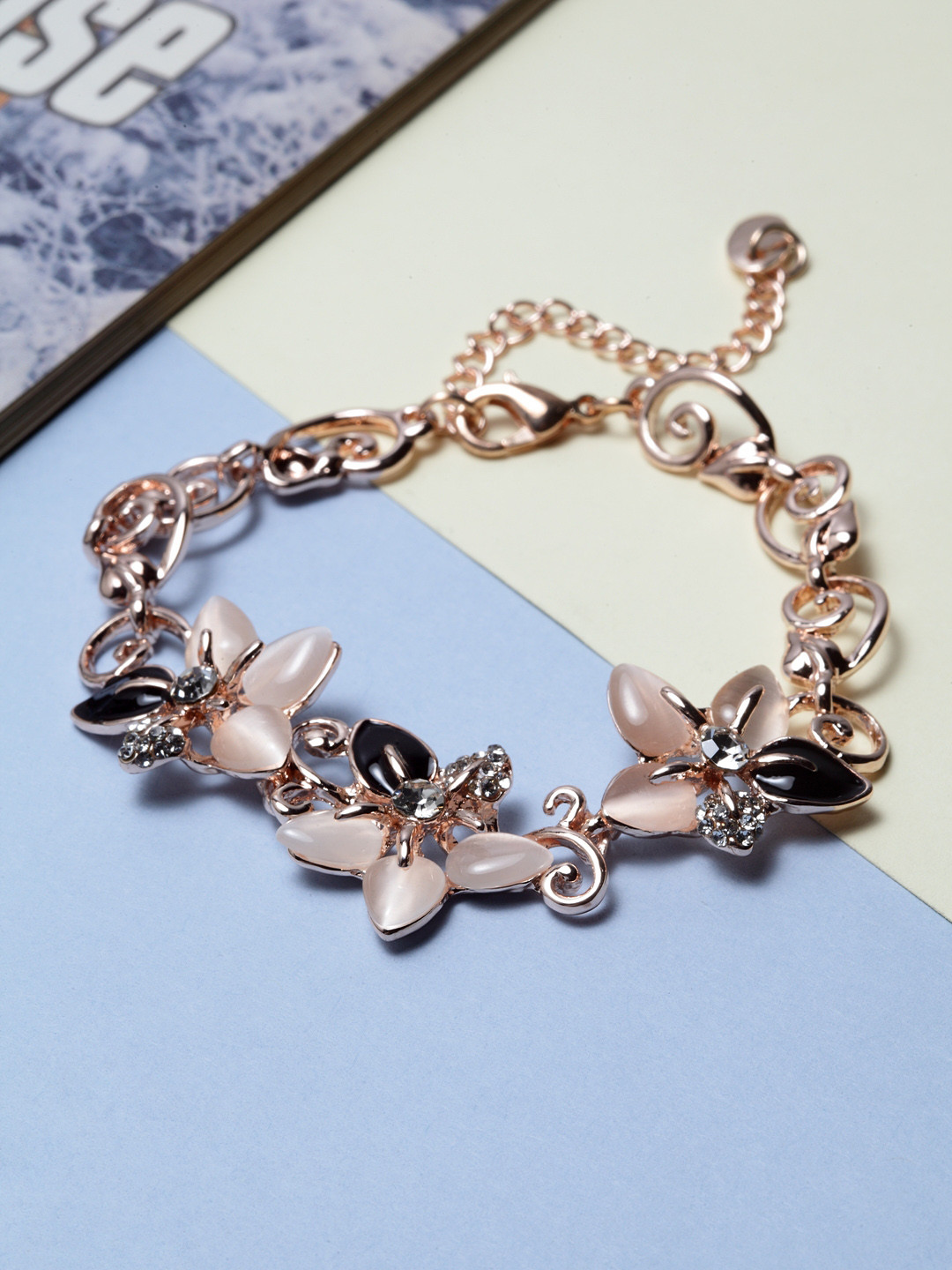 Shining Diva Fashion Women Rose Gold-Plated Black Alloy Antique Cubic Zirconia Charm Bracelet