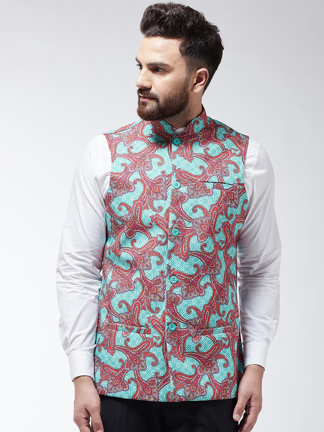 SOJANYA Men Sea Green & Red Printed Nehru Jacket