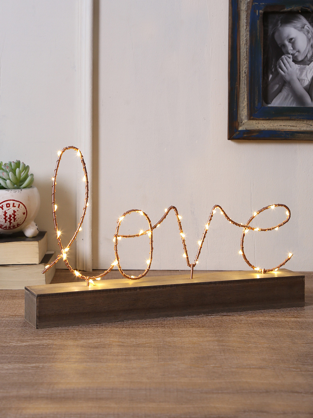 TAYHAA Copper-Toned Solid Table Light With Wooden Base