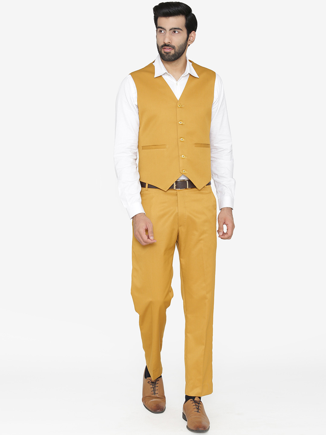 Wintage Men Mustard Yellow Solid Regular Fit Party Suit
