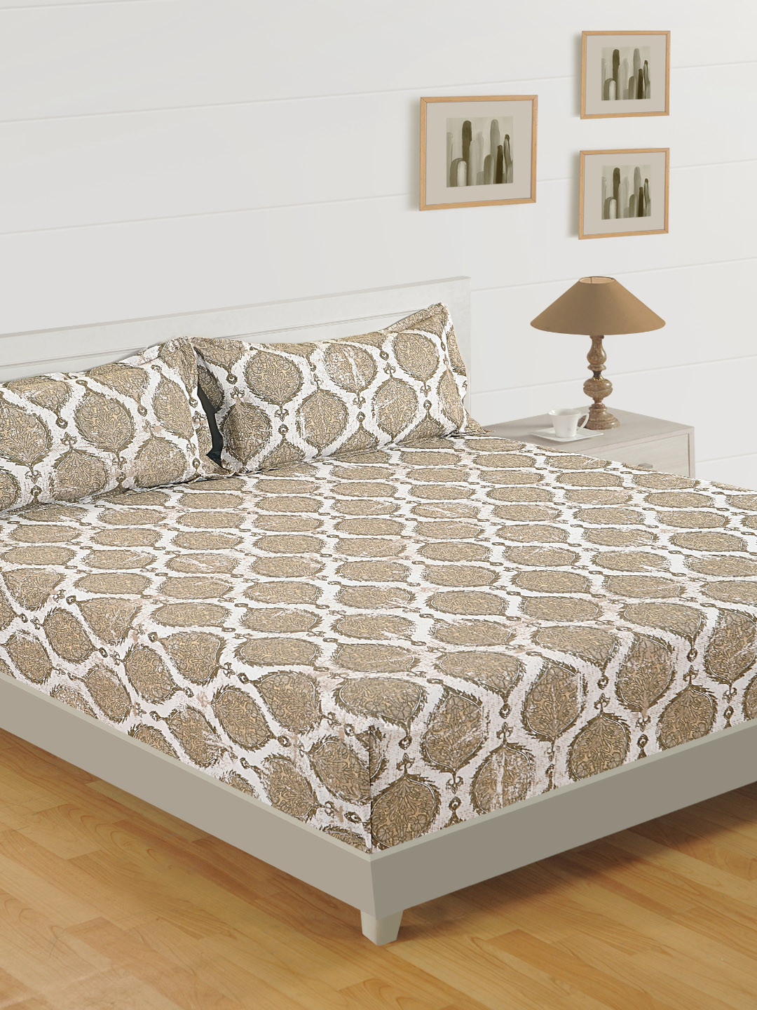 SWAYAM Brown Geometric Cotton 160 TC Queen Fine Bedsheet with 2 Pillow Covers-108 x 108 inches