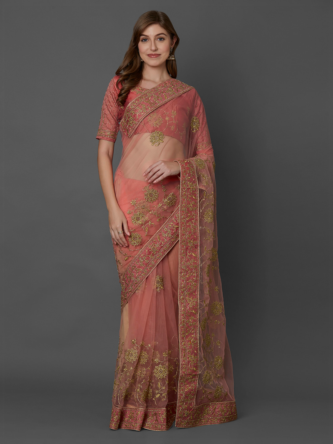 Mitera Peach-Coloured Embroidered Net Saree