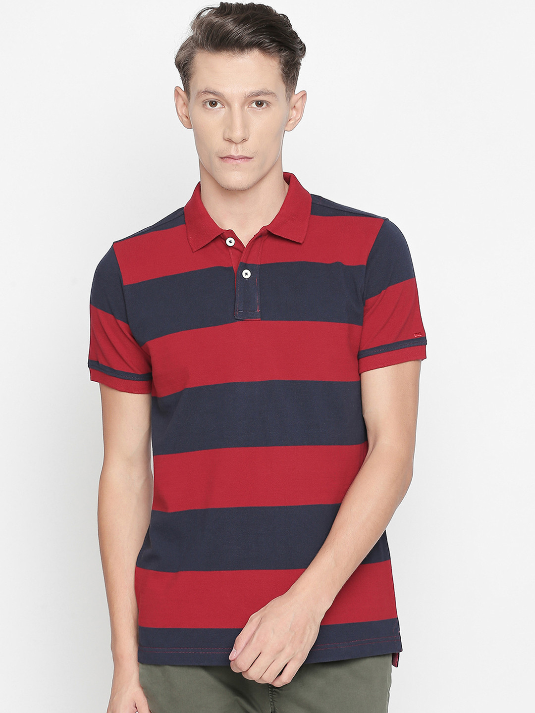 Basics Men Red Striped Polo Collar T-shirt