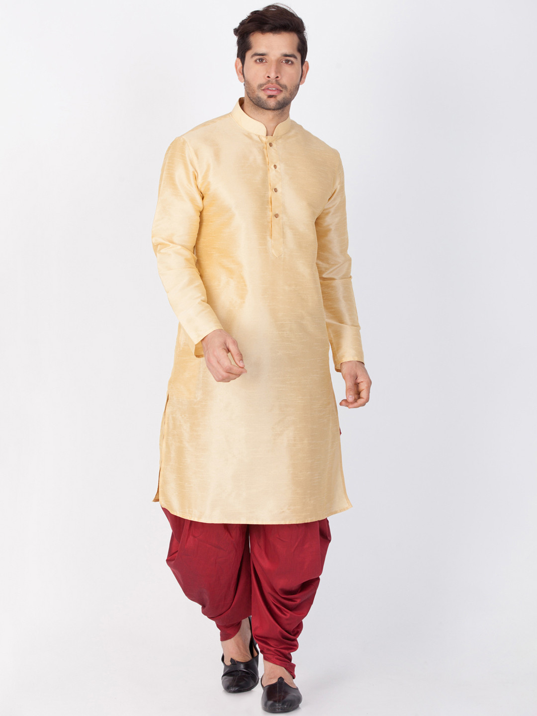 VASTRAMAY Men Gold-Coloured Solid Kurta with Dhoti Pants