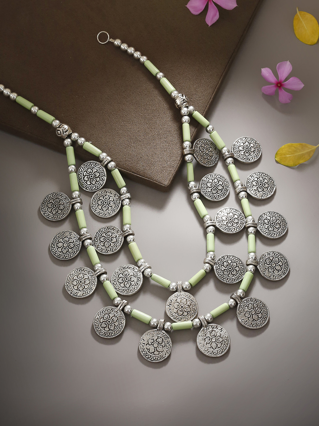 Bamboo tree Women Green and Silver-Toned Multistranded Handcrafted Necklace