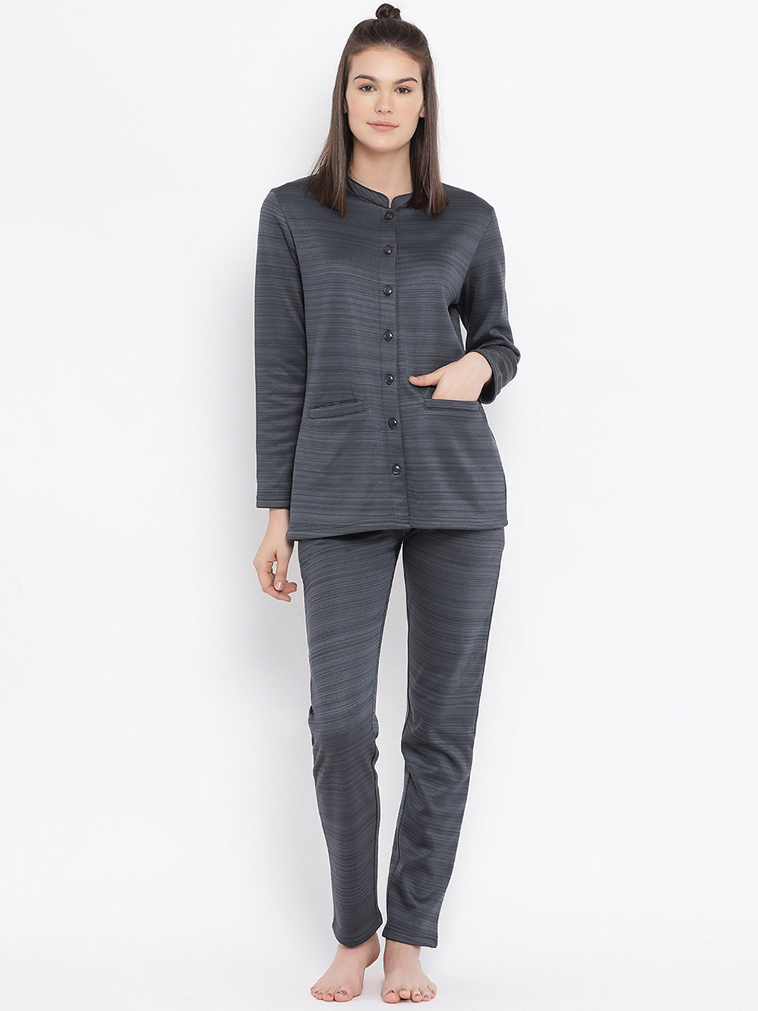 Kanvin Women Navy Blue Striped Night Suit