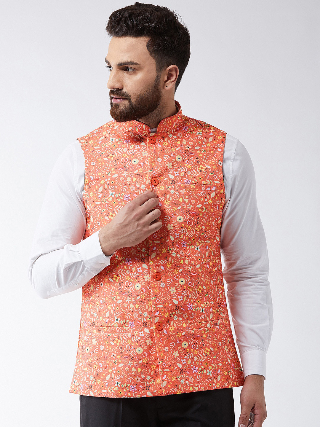 SOJANYA Peach & Yellow Printed Nehru Jacket