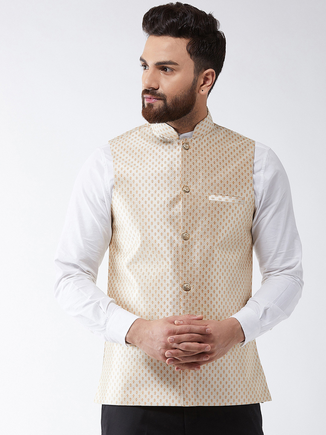 SOJANYA Beige & Gold Woven Design Nehru Jacket