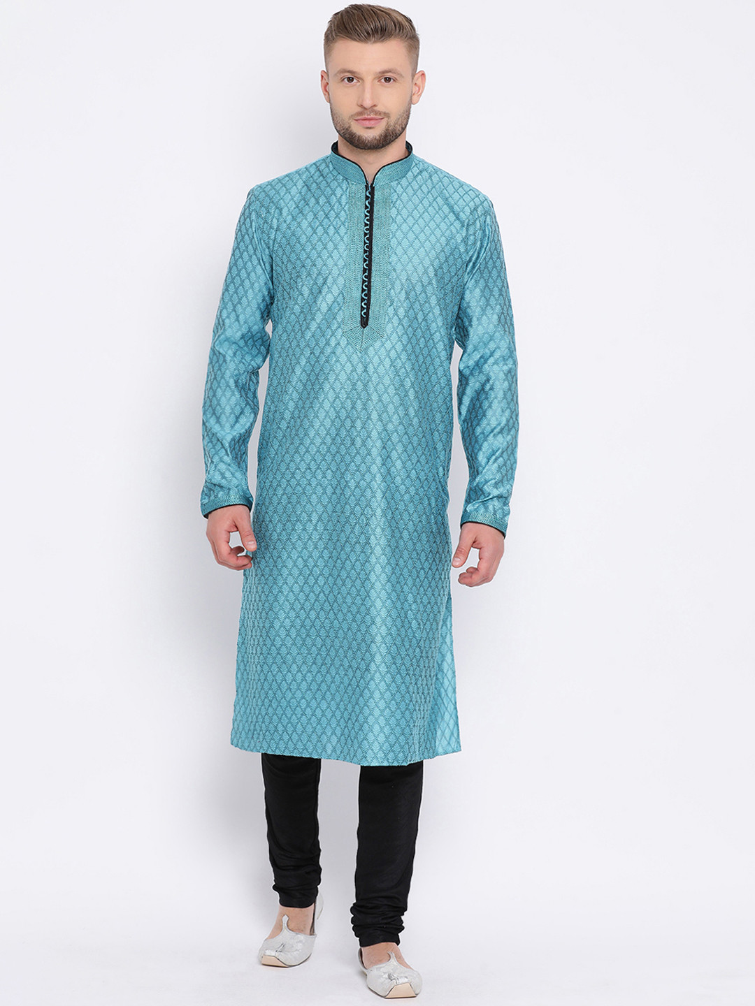 Here&Now X Sanwara  Men Blue & Black Self Design Kurta with Churidar