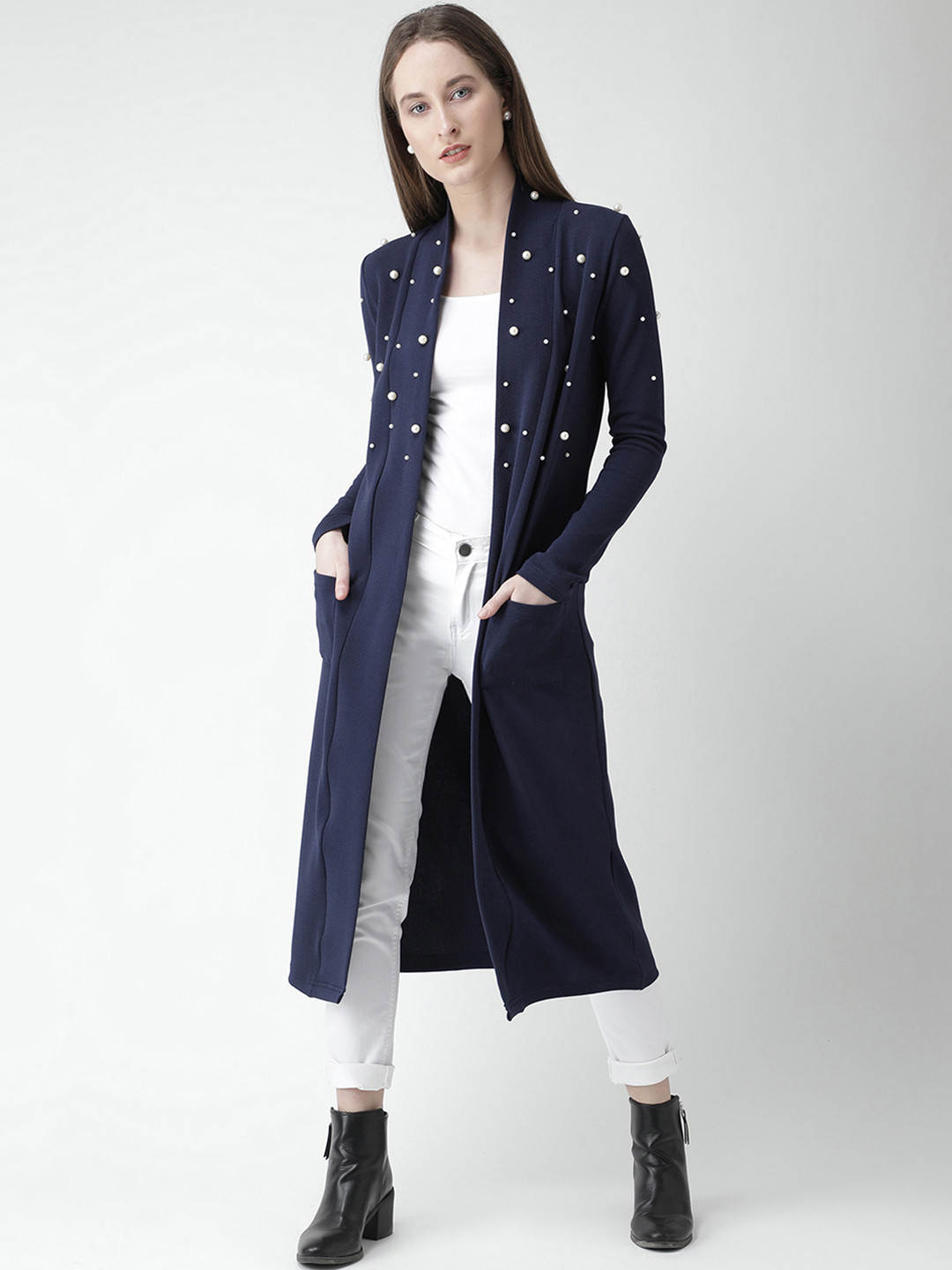 KASSUALLY Women Blue Embellished Open Front Shrug