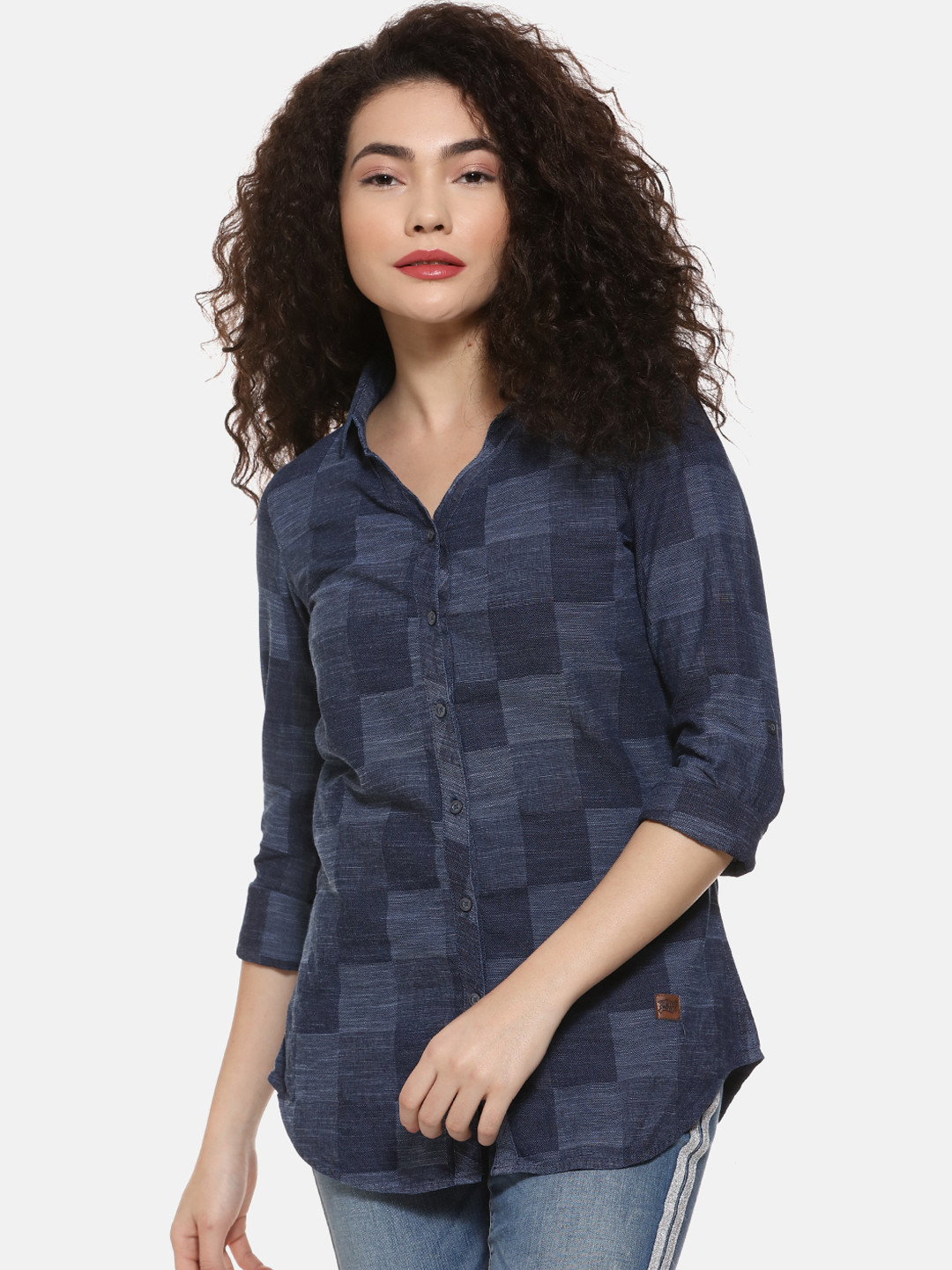 Campus Sutra Women Navy Blue Regular Fit Checked Casual Shirt