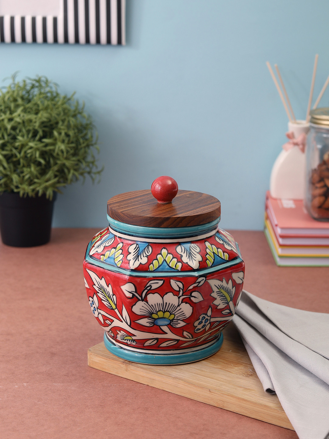 Vareesha Handpainted Multi Floral Ceramic Microwave Safe Flip Top Jar-750ml