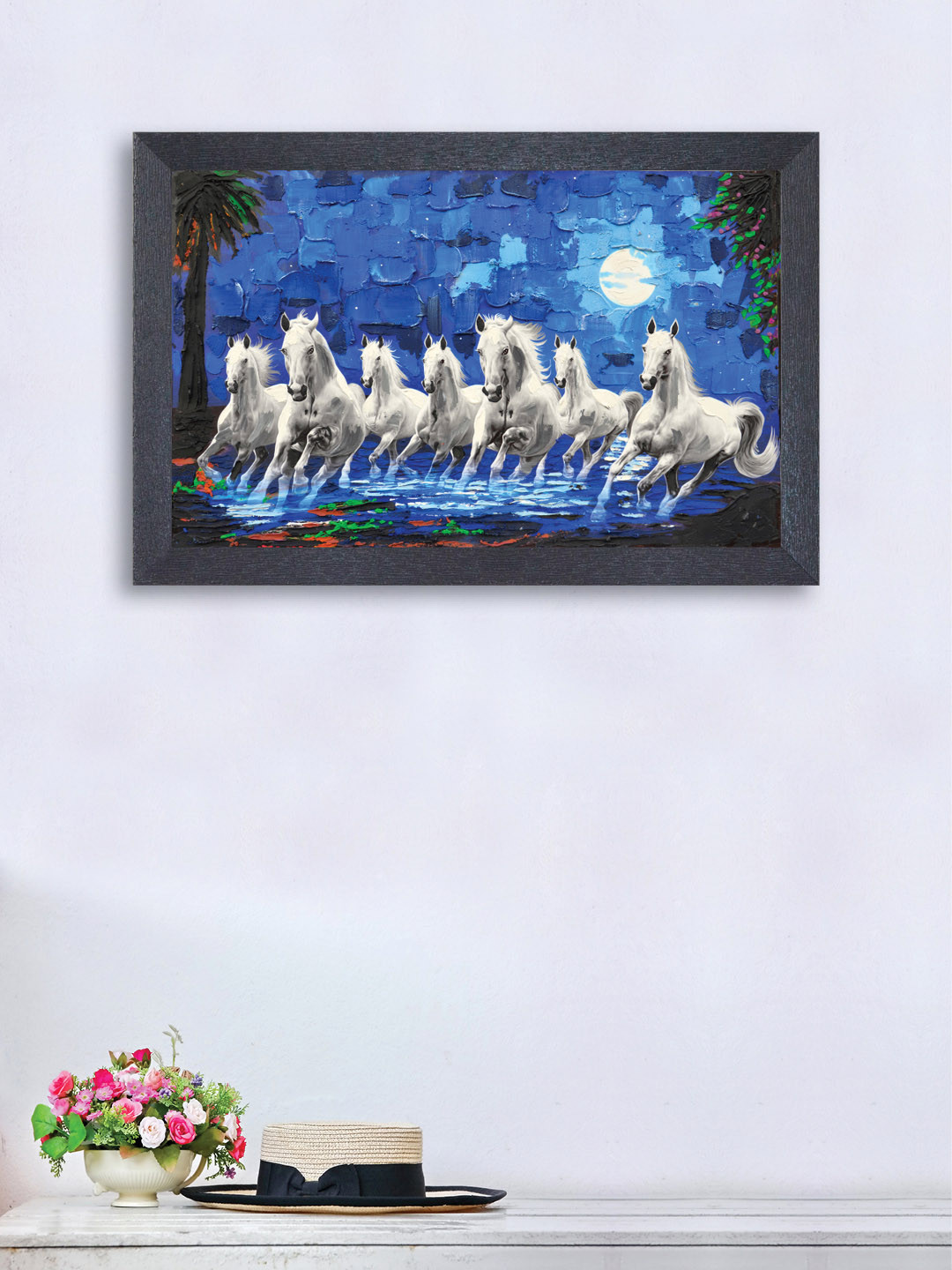 nest ART Blue & White Synthetic Wood Running Horses Wall Art