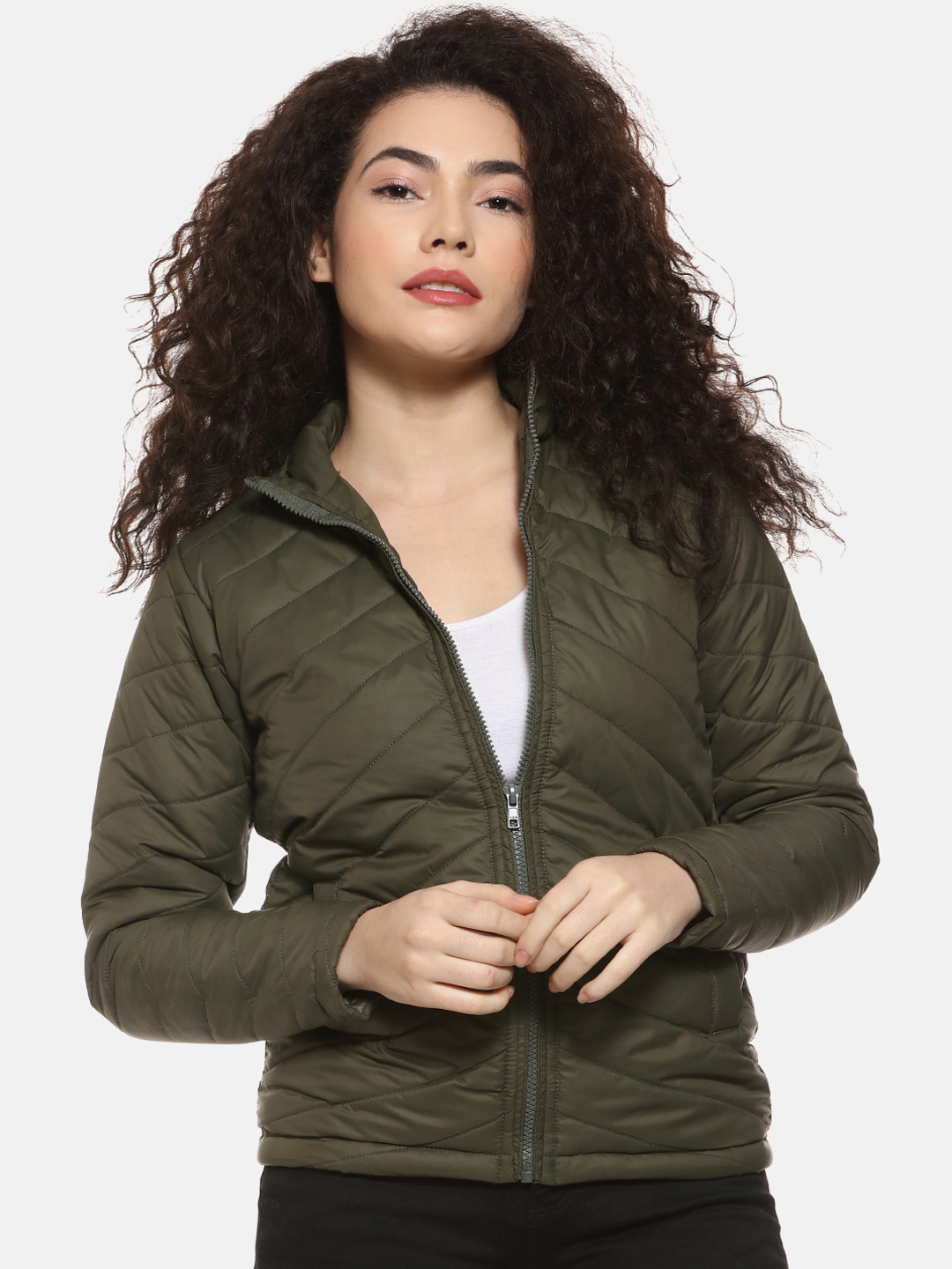 PINACOLADA Women Olive Green Solid Padded Jacket