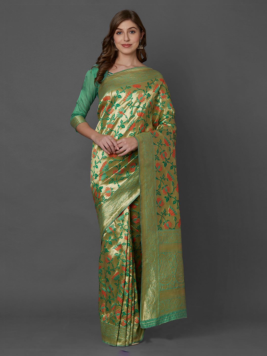 Mitera Green & Orange Silk Blend Woven Design Kanjeevaram Saree