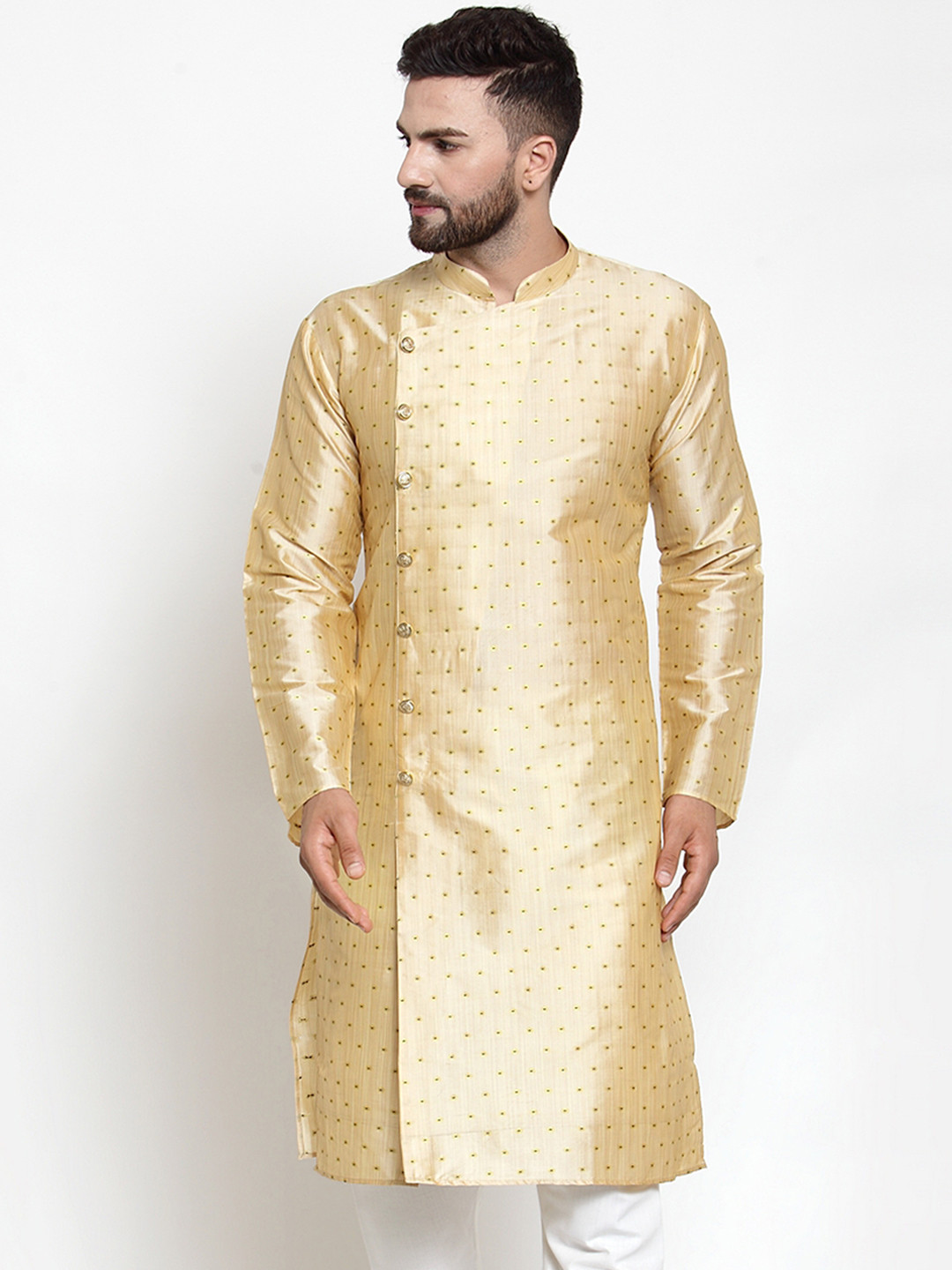 Jompers Men Gold-Coloured Woven Design Straight Kurta
