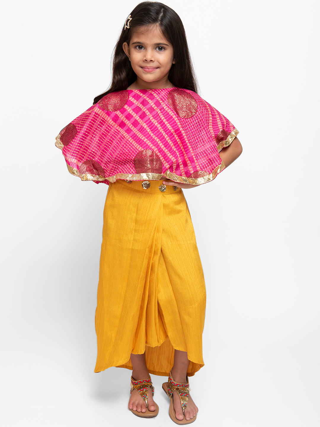 Fairies Forever Girls Pink & Yellow Printed Ready to Wear Fusion Lehenga Choli