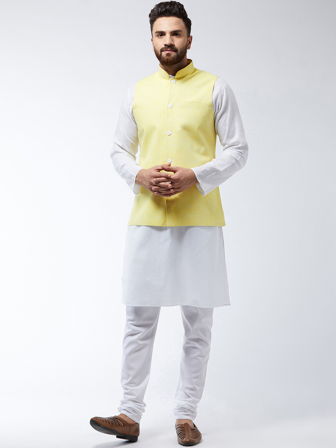 SOJANYA Men White & Yellow Solid Kurta And Churidar With Jacket