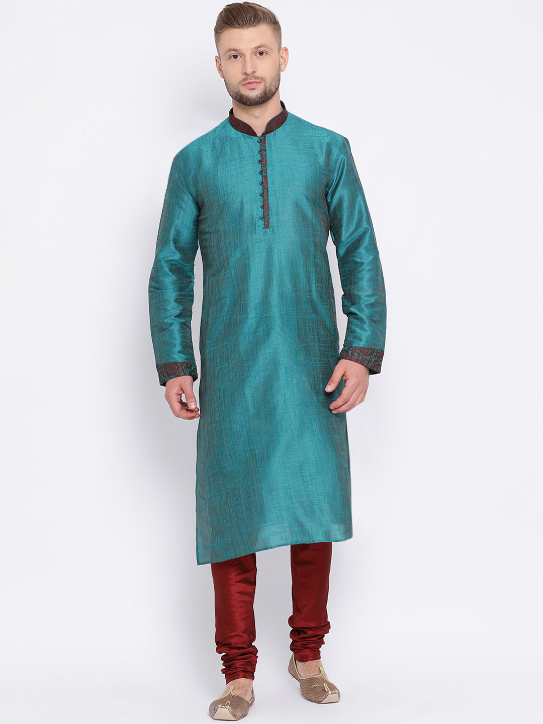 Sanwara Men Green Solid Handloom Straight Kurta