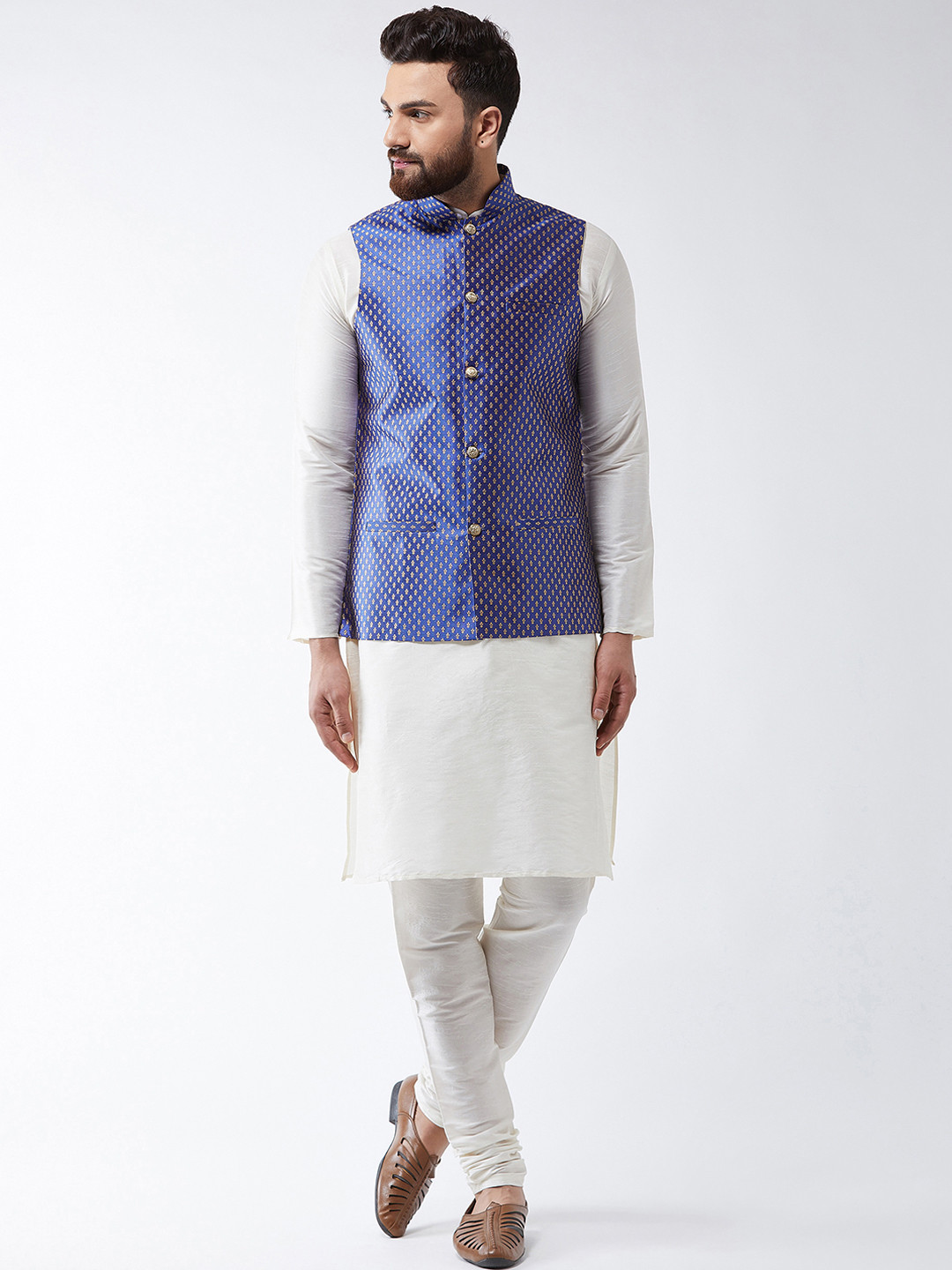 SOJANYA Men Off-White Solid Kurta Set & Nehru Jacket