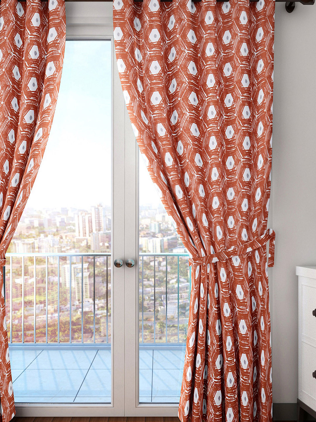 HOUZZCODE White & Orange Hexa Printed Single Room Darkening Door Curtain