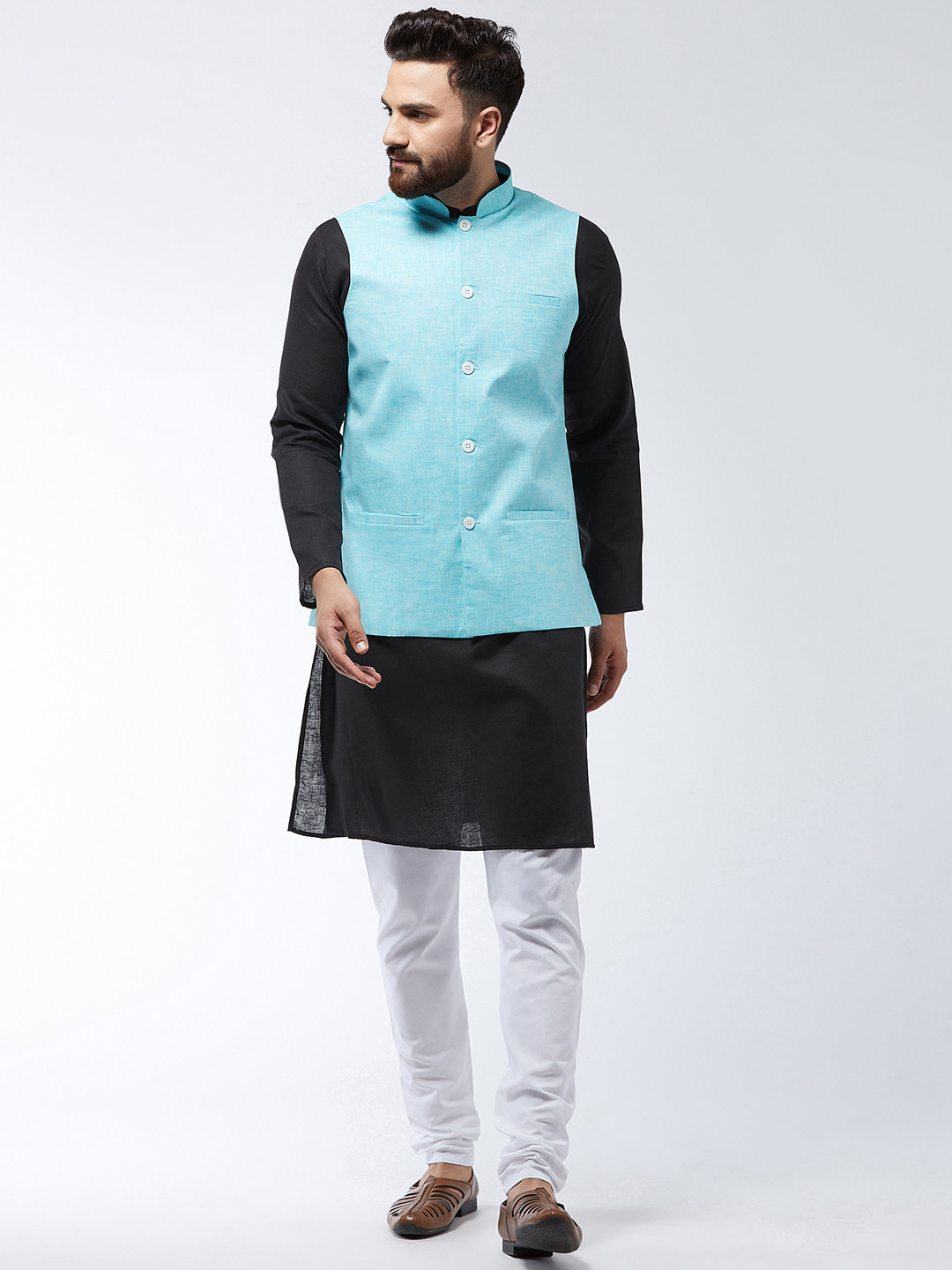 SOJANYA Men Black & Turquoise Blue Solid Kurta And Churidar With Jacket