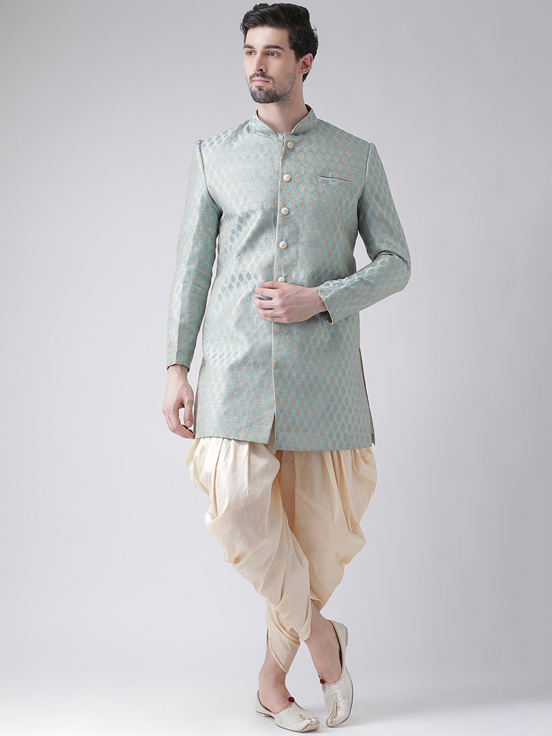 Buy DEYANN Men Blue & Cream Coloured Sherwani With Dhoti Pants ...