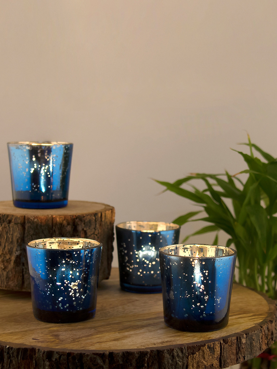 Homesake Set of 4 Blue & Mercury Silver Tea-Light Holders With Free Candles