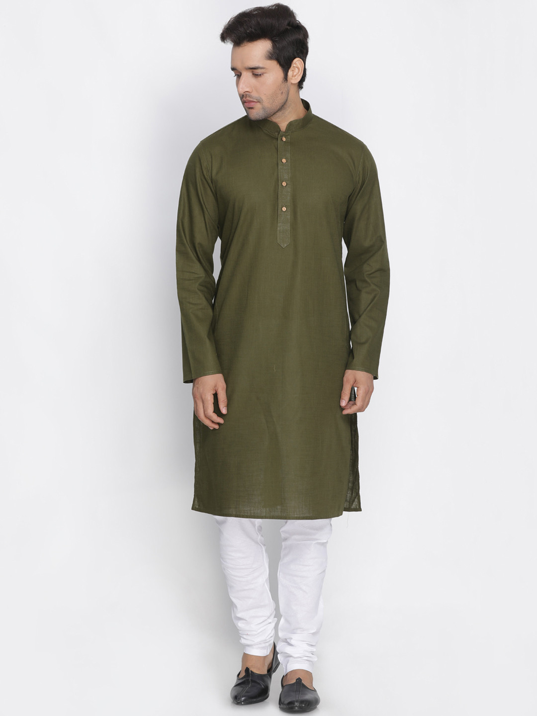 VASTRAMAY Men Olive Green & White Solid Kurta with Churidar