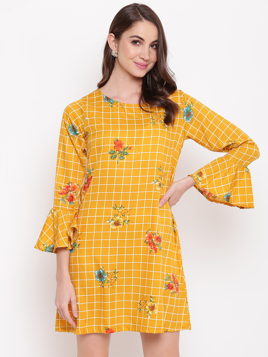Mayra Women Yellow Checked A-Line Dress