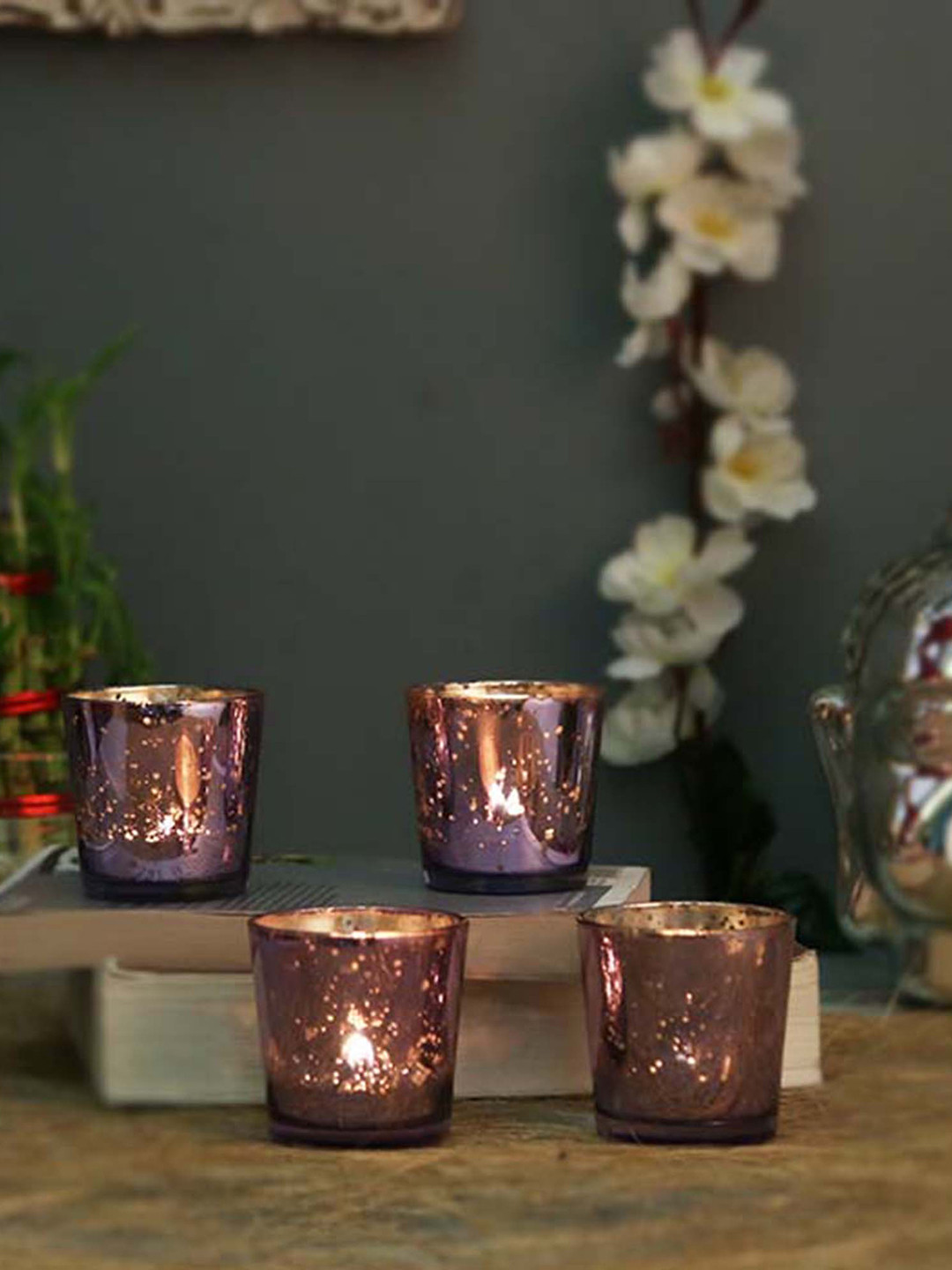 Homesake Set of 4 Purple & Mercury Silver Tea-Light Candle Holders With Free Candles