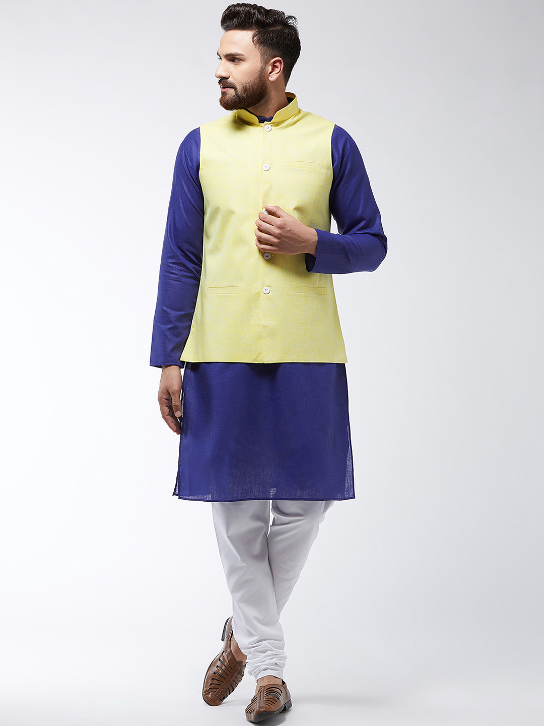 SOJANYA Men Blue & Yellow Solid Kurta And Churidar With Jacket