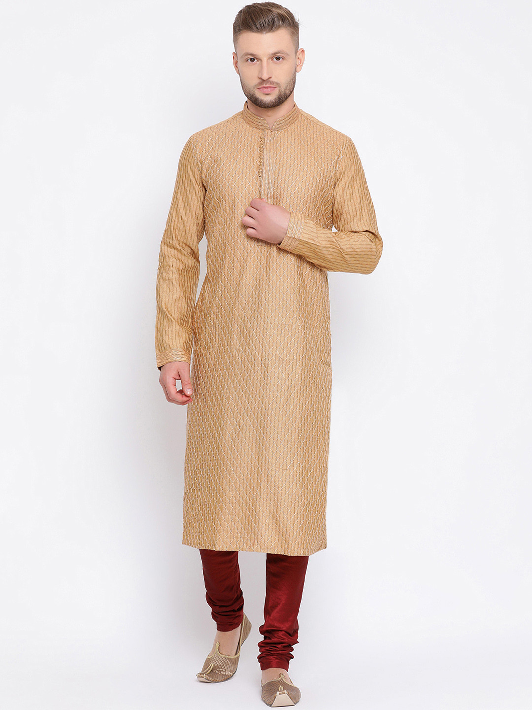 Here&Now X Sanwara  Men Beige Woven Design Jacquard Weave Straight Kurta