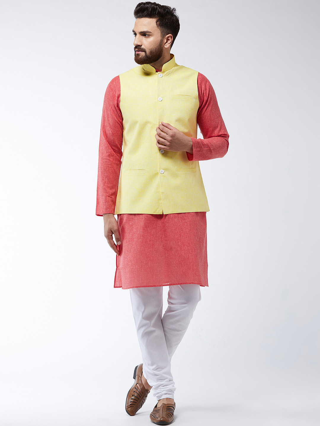 SOJANYA Men Red & Yellow Solid Kurta And Churidar With Jacket