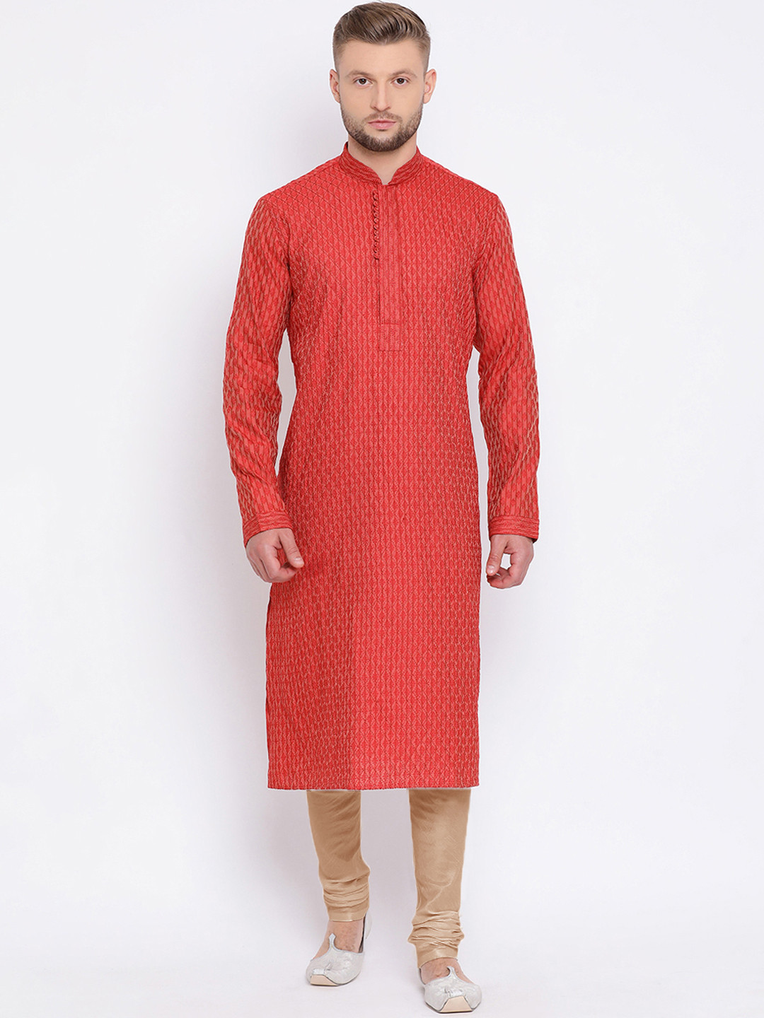 Here&Now X Sanwara  Men Red Woven Design Jacquard Straight Kurta